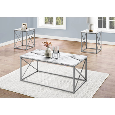 3Pcs Table For Living Area - Coffee & 2 End Tables, White Marble Look, Grey Metal Setting 3Pcs, Marble-Like,