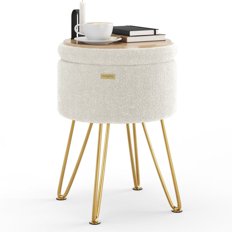 Modern Round Storage Ottoman Side Table, Gold, White boucle 
