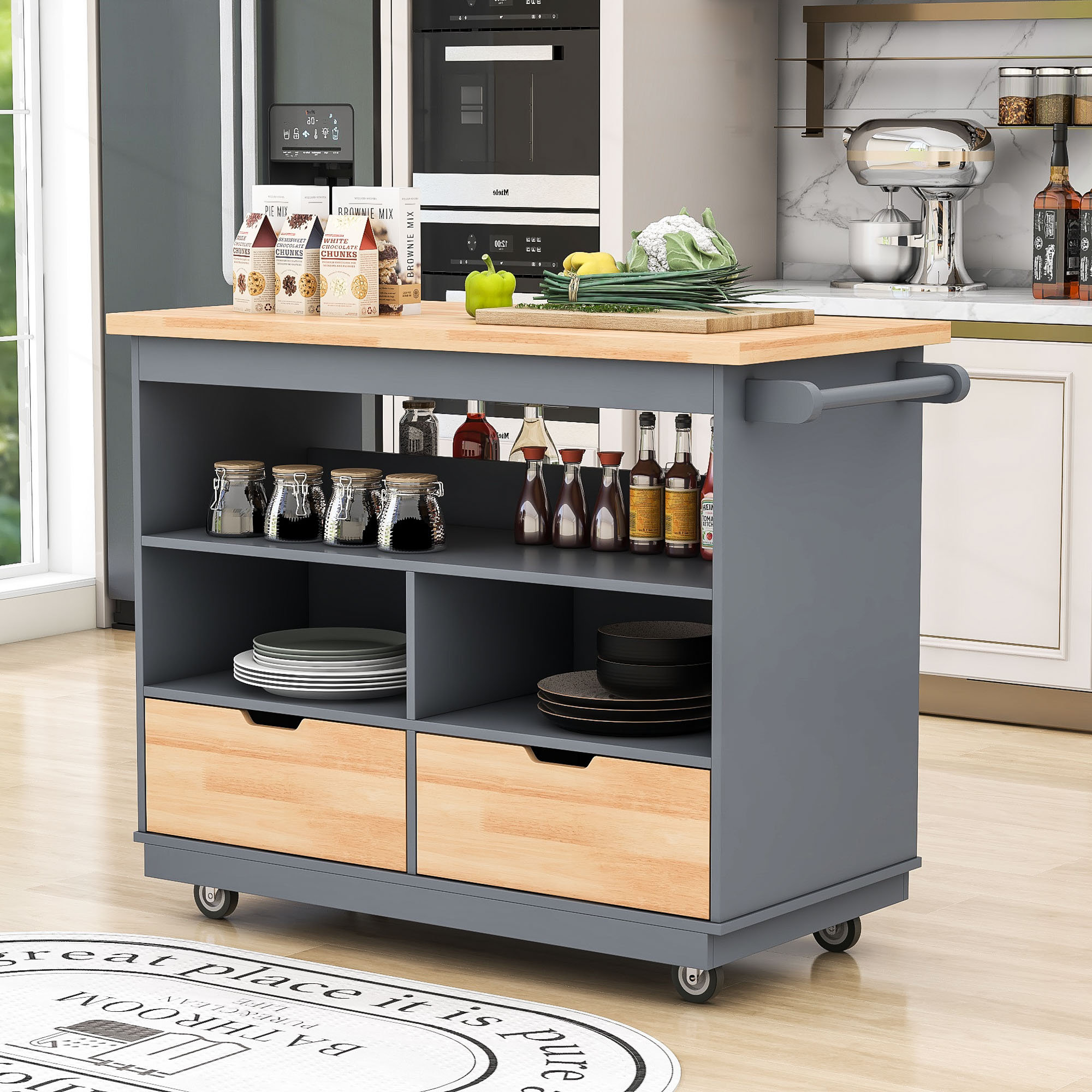 Latitude Run® Kitchen Cart Rolling Mobile Kitchen Island Solid Wood Top ...