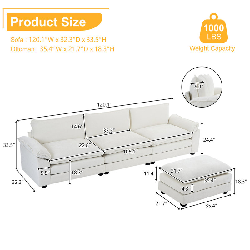 Avrilynn 120'' Upholstered Cloud Sofa&Couch with Ottoman