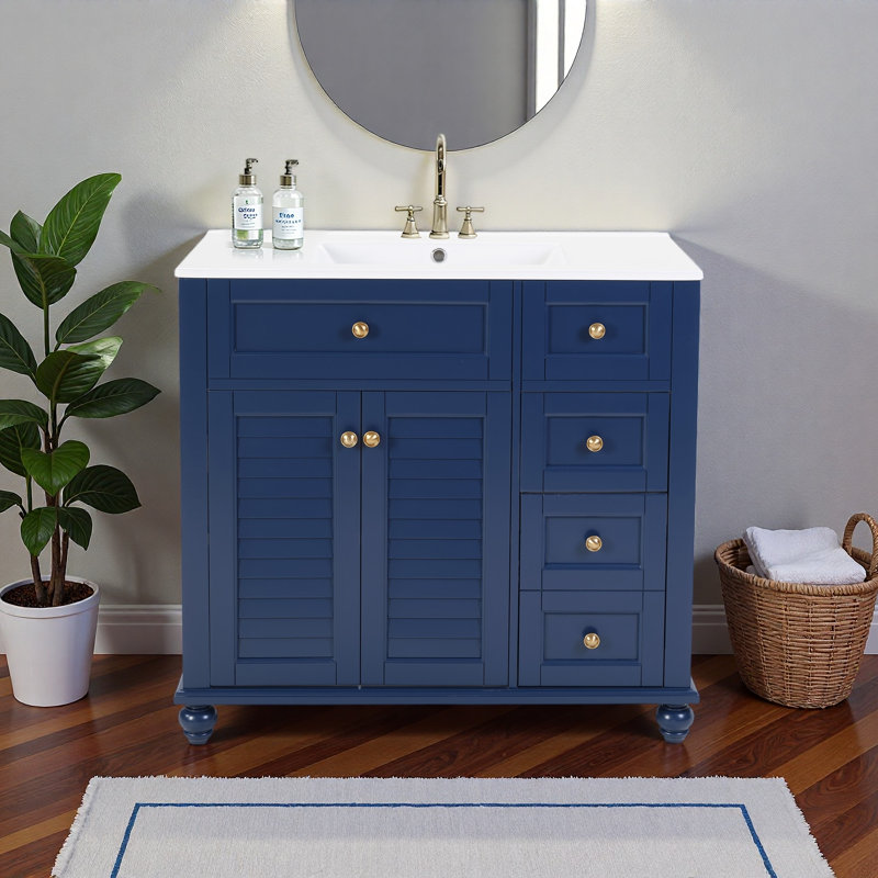Meuble-lavabo 36 po avec lavabo en céramique - Tiroirs à fermeture en douceur, structure en bois massif, rangement multi-organisateur