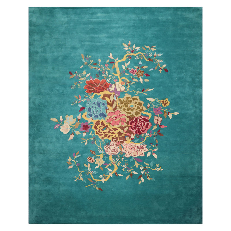 Tapis multicolore à motif floral touffeté à la main turquoise, Rectangulaire 8 pi x 10 pi