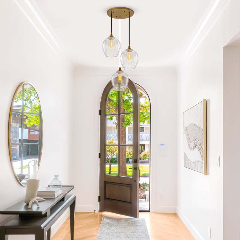 Suspension à 3 lumières en laiton mat avec abat-jour en verre cristal côtelé en forme de larme, luminaire moderne et réglable pour salle à manger
