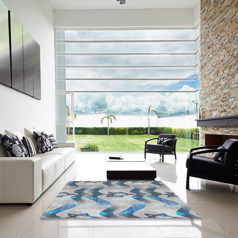 Tapis gris/bleu à motifs, Carré 7 pi