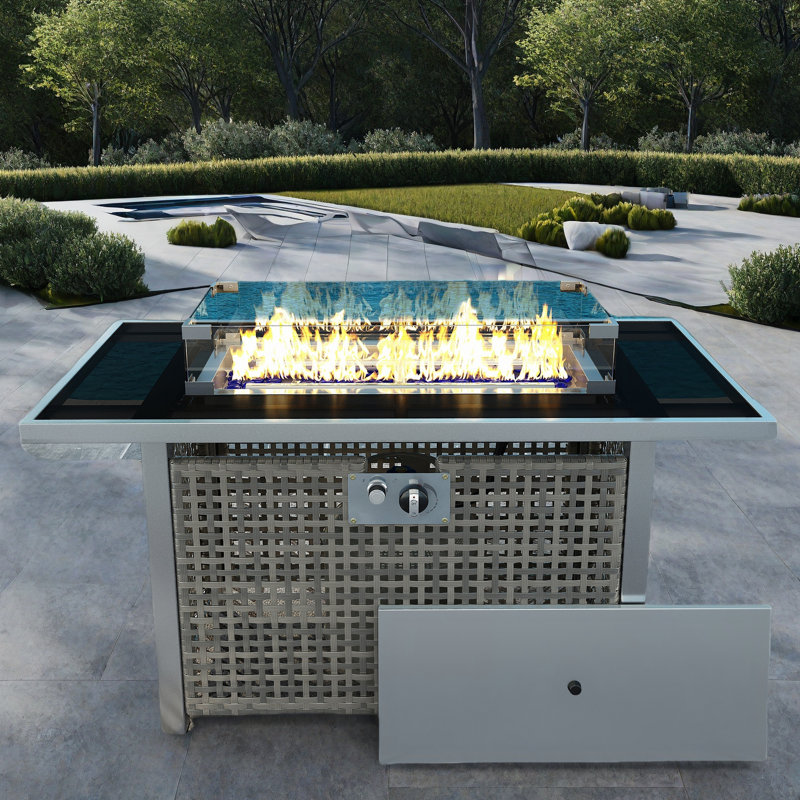 Propane Gas Fire Pit Table With Glass Wind Guard And An Open Basket-wave Patterned Wicker, Gray