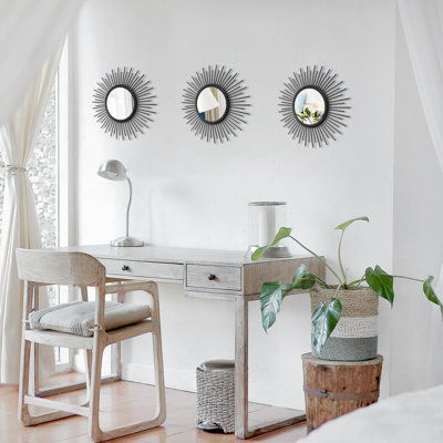 3 Set Sunburst Mirrors for Wall Decor Living Room Bedroom Bathroom Dining Room Metal Boho Sunburst Wall Mirror Set Gold Metal Vintage Circle Art Pack - Black 11.8 in