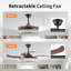 Ventilateur de plafond rétractable avec lumière, ventilateur de lustre à DEL moderne avec télécommande, pales réglables à 6 vitesses, moteur à courant continu silencieux, éclairage à intensité variable pour le salon, la chambre à coucher, la s