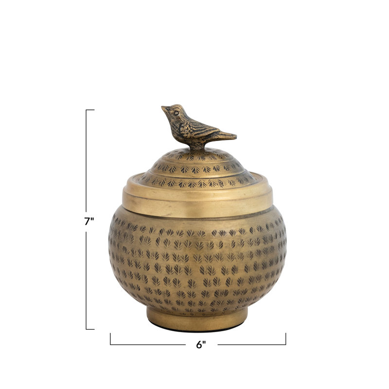 Feliberto Round Hammered Metal Container with Bird Finial