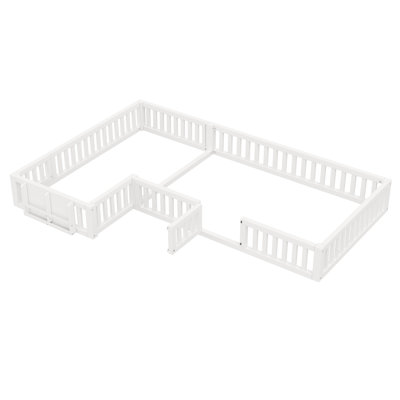 12" H L-Shaped Floor Bed Twin and Full with All-Round Guardrails Built-in Bookcase and Lockable Safety Gate