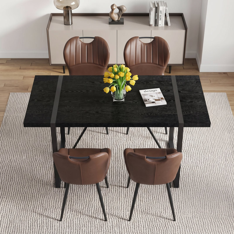 Ensemble de salle à manger rectangulaire rétro minimaliste de 5 pièces de 55 pouces avec chaises en similicuir, Brun