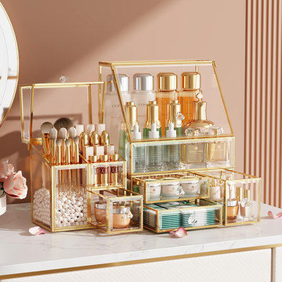 Organisateur de maquillage transparent avec cadre doré - Organisateur de coiffeuse de comptoir pour les soins de la peau, les rouges à lèvres, les parfums et les pinceaux - Boîte de rangement pour cosmétiques