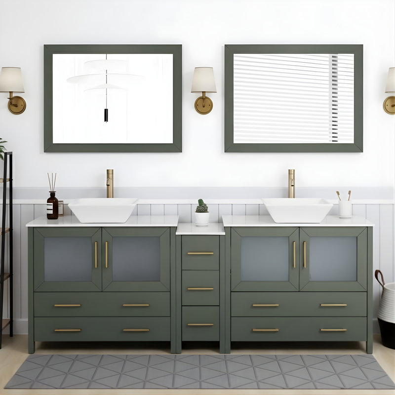 Meuble-lavabo double 84 po avec plateau en marbre d'ingénierie avec miroir, Or brossé, Vert rétro