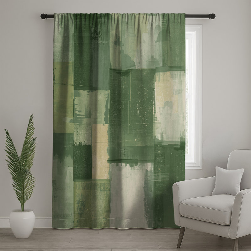 Rideaux de fenêtre vert, beige et patchwork - 1 panneau, Blocage, 50 po x 92 po - 1 panneau