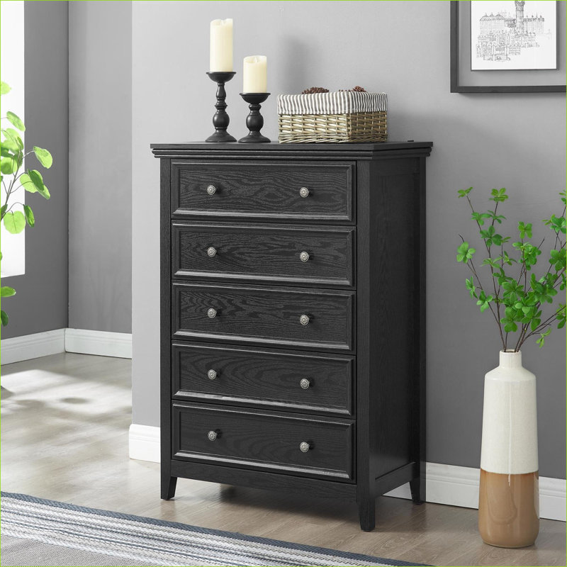 Commode | Commode 5 tiroirs de style campagnard moderne, rangement pour vêtements, anti-basculement | Noir | Panneau de fibres à densité moyenne
