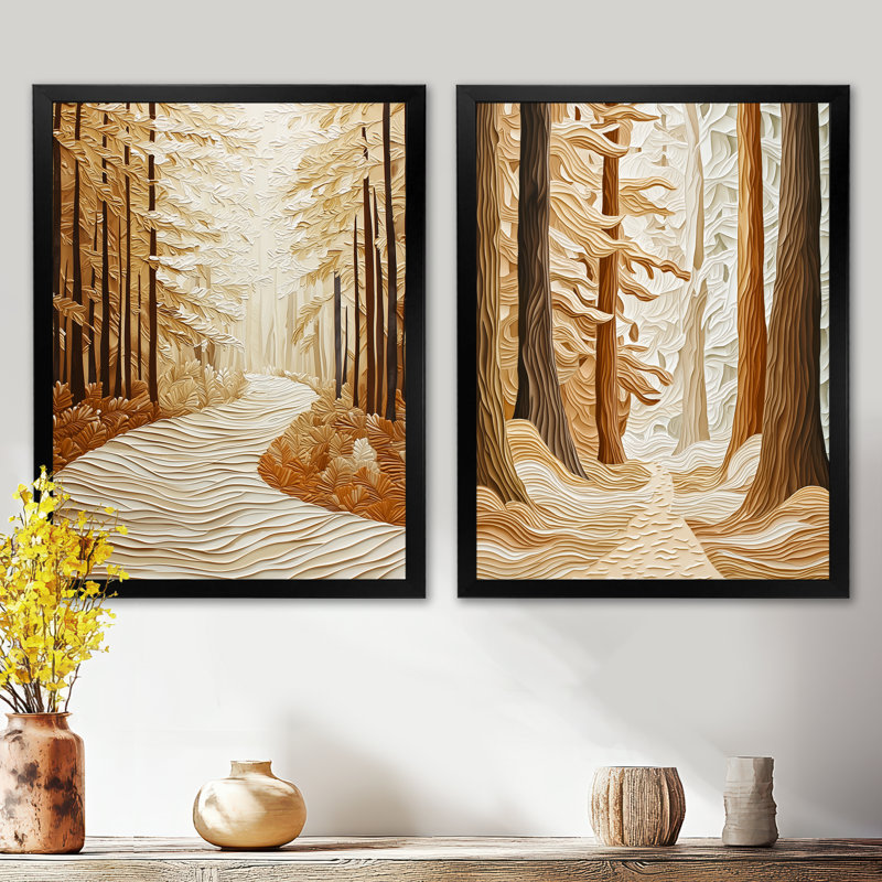 «Autumn the Enchanted Path Forest I», ensemble de 2 reproductions d'art mural, H 32 po x l 48 po, Cadre flottant blanc
