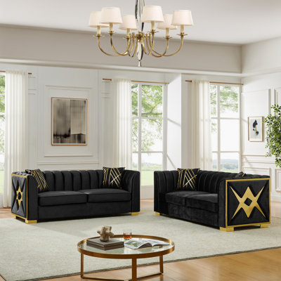 Canapé capitonné en velours 81,1 pouces avec 2 coussins, ensemble de canapé Chesterfield de luxe à 3 places avec accents en acier inoxydable doré pour le salon, velours noir