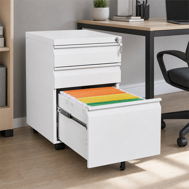 Classeur mobile 3 tiroirs en acier laminé à froid blanc avec serrure, 5 roulettes, système anti-basculement, porte-stylo et barre de suspension pour dossiers A4 et A4. Parfait pour la maison ou le bureau.