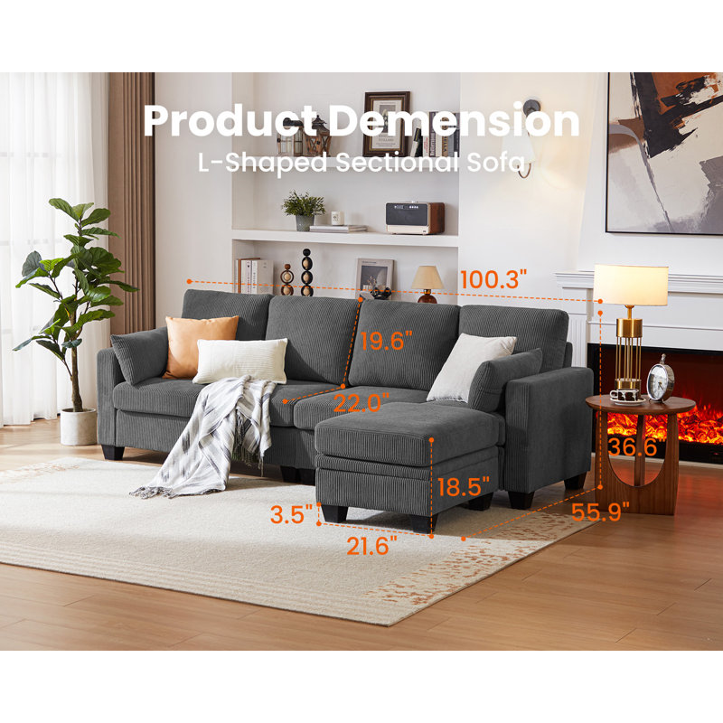 Corduroy Modular Sectional Couch with Ottoman Chaise, L Shaped 4-seat Sofa for Living Room, Apartment, Lounge, Modern Armrest Neck Support Furniture