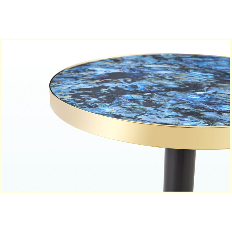 Table basse ronde de luxe moderne 23,6 po, plateau en panneau de fibres à densité moyenne à texture marbrée avec finition peinture UV, bordure en acier inoxydable, pieds en métal, table d'appoint de salon