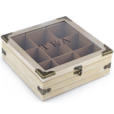 Wood Tea Box Organizer, Tea Storage Chest with Glass Lid, 9 Compartments, Tea Bag Holder for Cabinet, Pantry