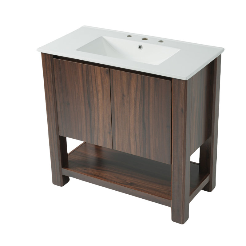 Meuble-lavabo de 35,5 pouces au design épuré sans poignée, Marron foncé
