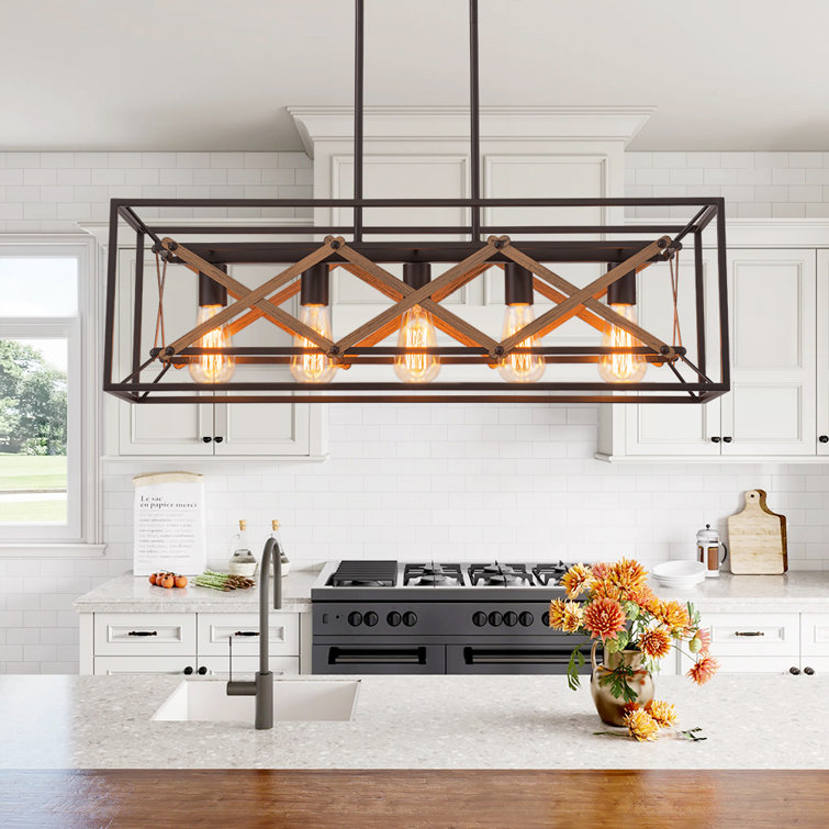 5 - Light Open Cage Wood Rectangular Island Metal Chandelier