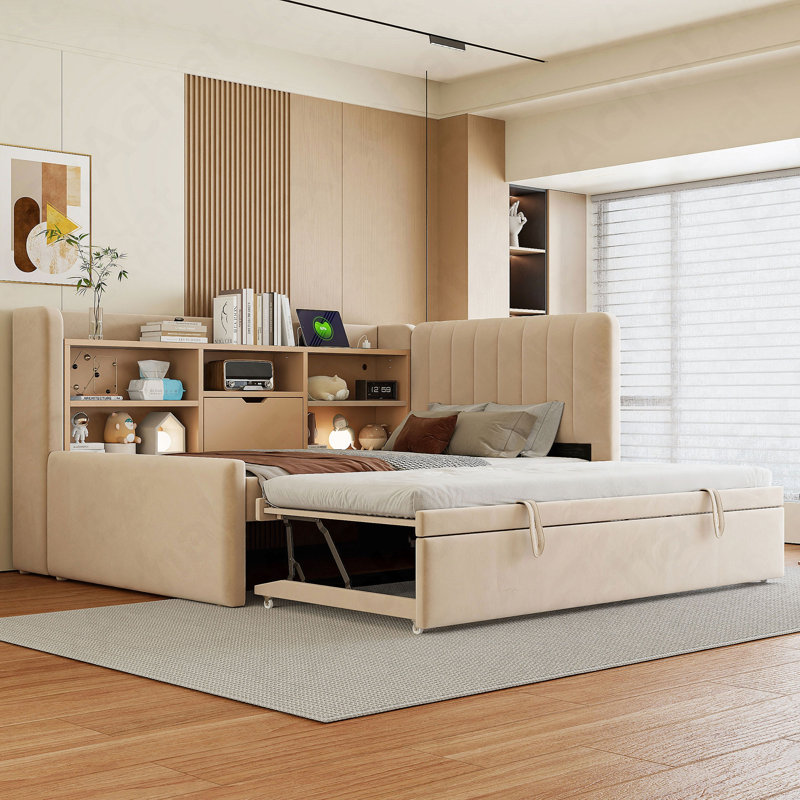 Twin Size Upholstered Daybed With Trundle, Storage Shelves, USB & Outlet (Beige), Beige