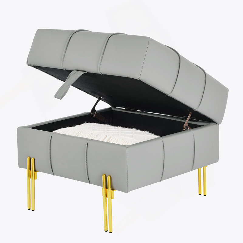 Rectangle Tufted Upholstered Leather Ottoman, Gray