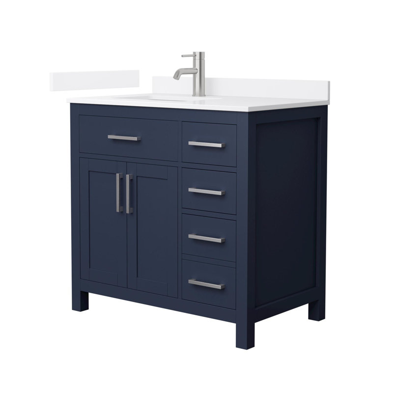 Beckett 36" Freestanding Single Bathroom Vanity with Quartz Top, Brushed Nickel, White Quartz, Dark Blue