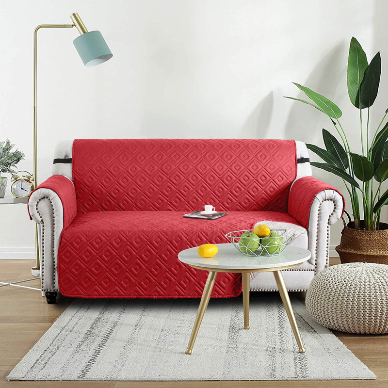 Waterproof Reversible Sofa Cover Quilted Anti-Slip Couch Protector with Adjustable Strap, Burgundy/Beige