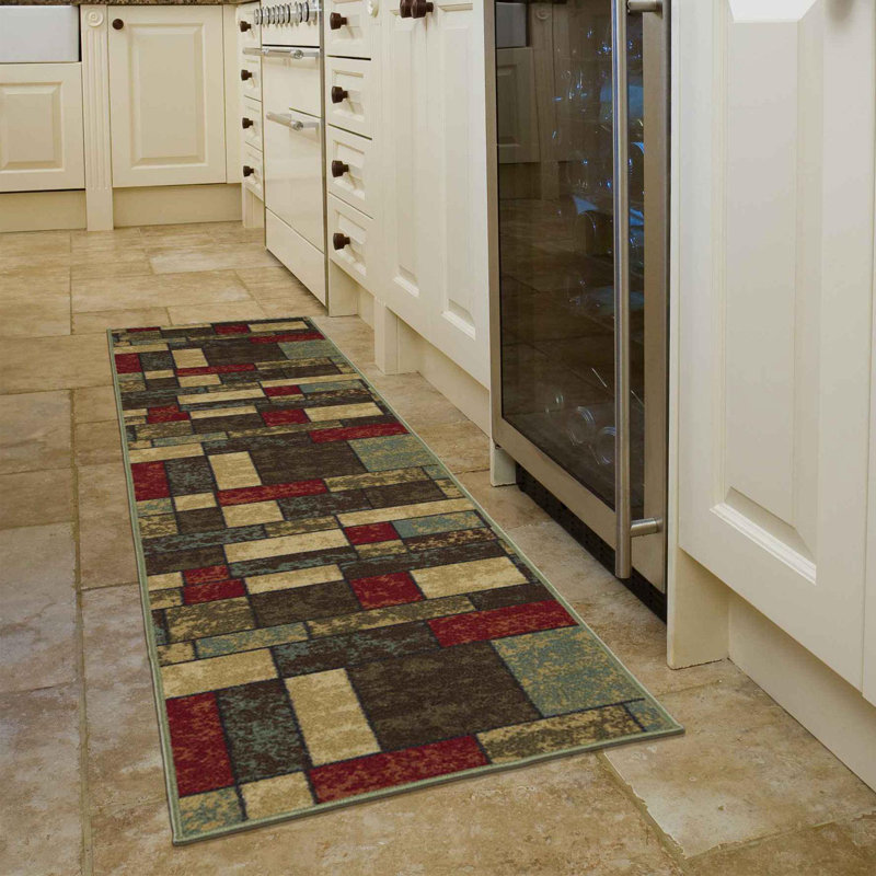 Ottohome Non-Slip Boxes Area Rug For Living Room, Hallway, Entryway Rug, Runner 1'8" x 4'5"
