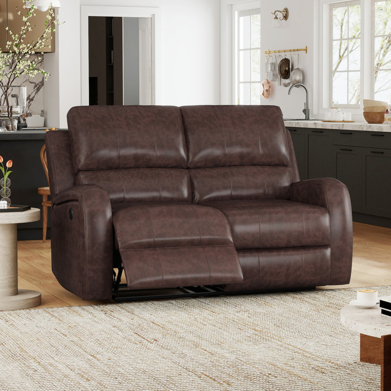  Modern and Upholstered Vegan Leather Power Reclining Sofa with USB Charge Port, Dark Brown