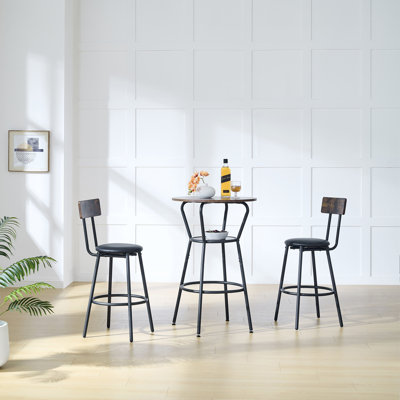 Ensemble de table de bar ronde et de tabouret avec tablette, tabouret rembourré avec dossier, brun rustique, l 24,17 po x P 24,17 po x H 36,02 po
