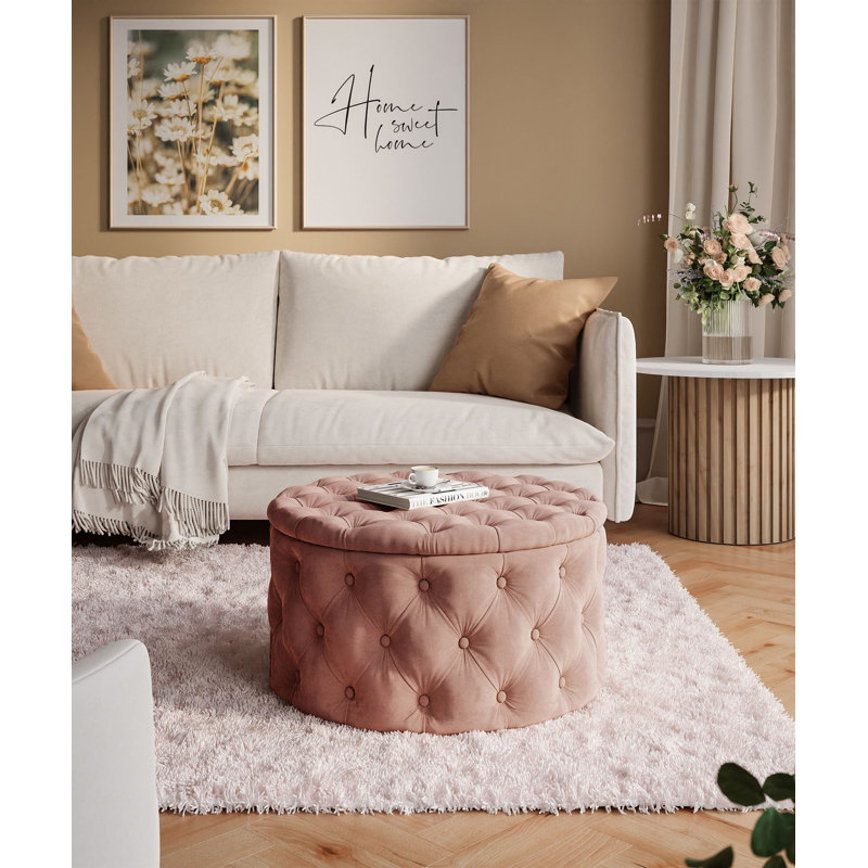 CHESTERFIELD Round Upholstered Pouf Hocker 70 cm, Pink Polyester