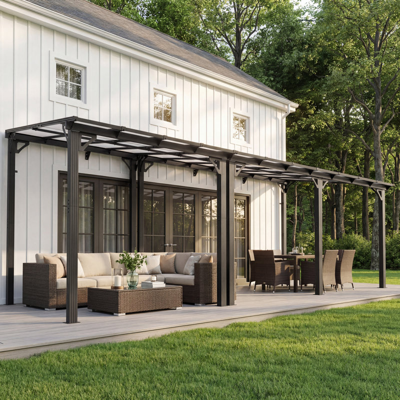 Wall-Mounted Aluminum Pergola, Modern Hardtop Gazebo with UV-Protected Polycarbonate Roof, 22x10