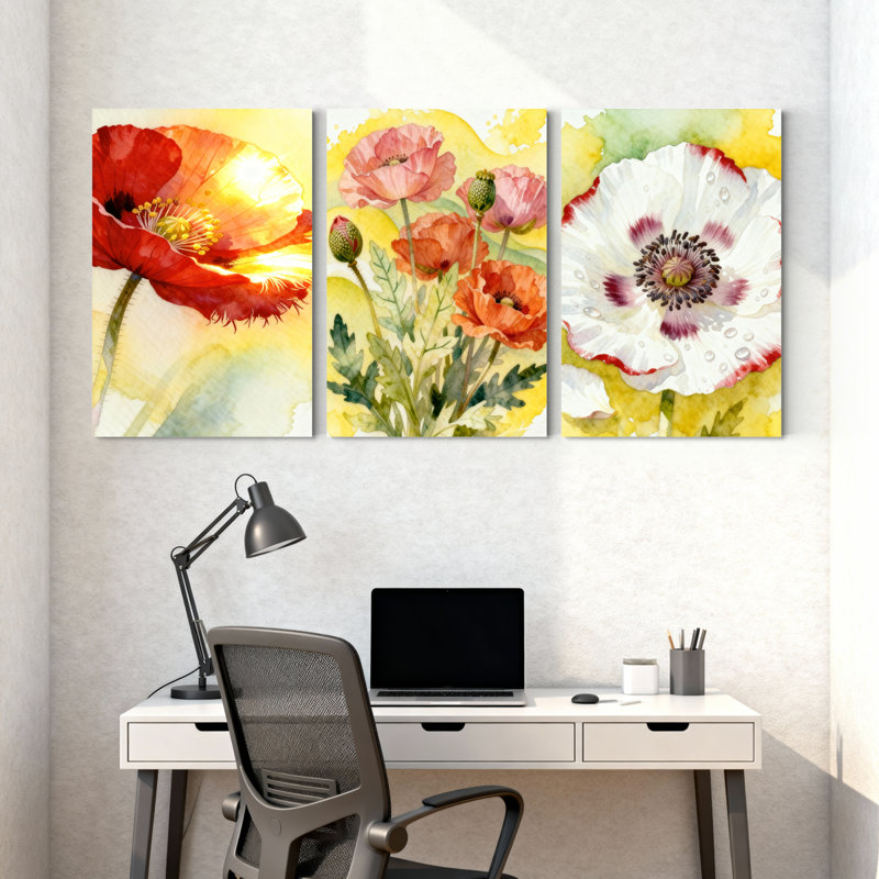 Aquarelle, coquelicot, art floral sur toile tendue, ensemble de 3 pour salon, chambre à coucher, décoration intérieure