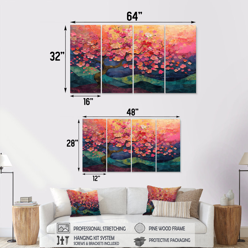 Ensemble de décoration murale cerisier en fleurs rose et bleu, H 28 po x l 48 po