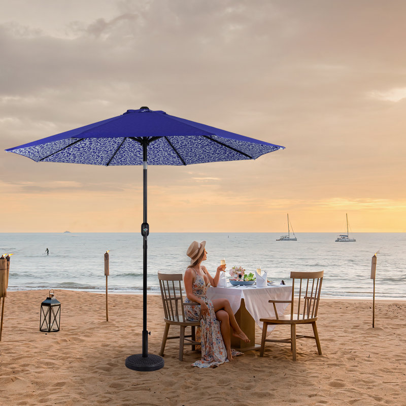  Parasol de patio 9 pi avec système d'inclinaison à bouton-poussoir et manivelle - tissu de polyester résistant aux rayons UV, parasol de marché avec 8 nervures robustes