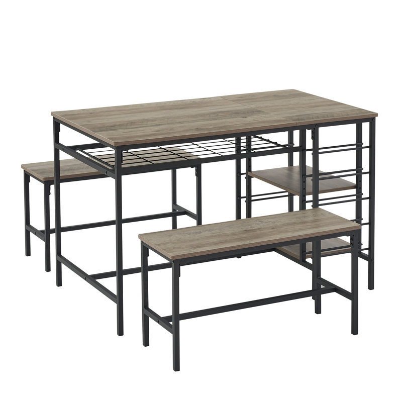 Ensemble de table de salle à manger de 47 pouces pour 4, 3 pièces avec 2 bancs, support à vin et 2 tablettes de rangement pour appartement
