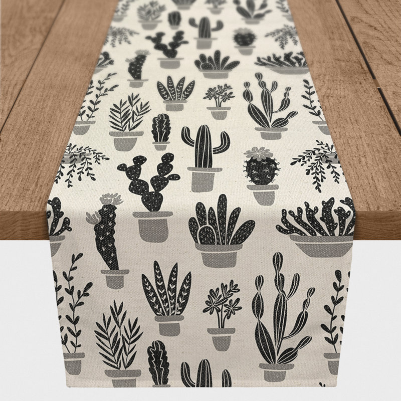 Chemin de table Houseplants On Linen, Noir, 90 po x 16 po