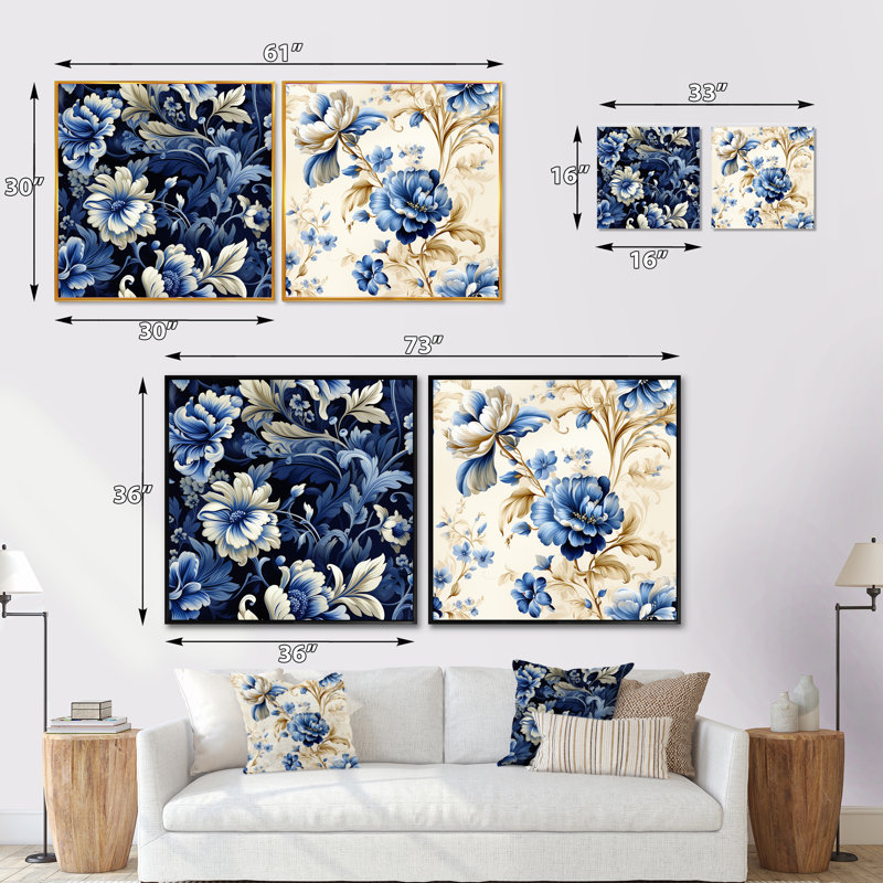 Motif victorien de coins victoriens bleu cobalt - ensemble de collage carré floral, Cadre flottant noir, H 16 po x l 33 po