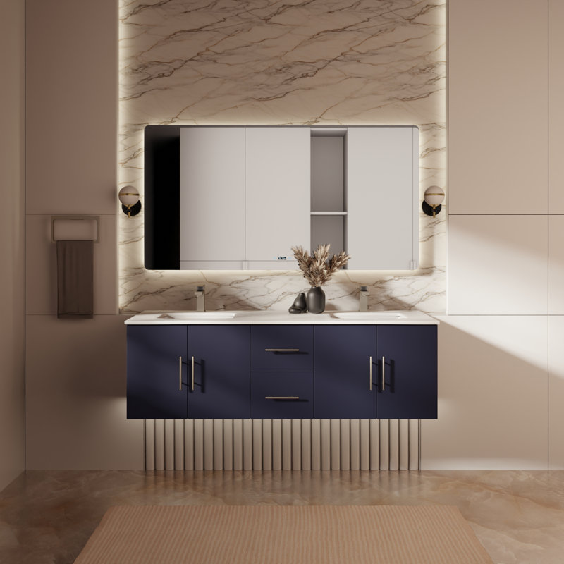 Ensemble de meuble-lavabo double mural 60 "Geneva, Marine, Quartz blanc