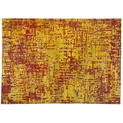 Tapis unique en viscose noué à la main rouge / jaune / or 8 pi 7 po x 12 pi Grunge