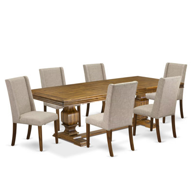 L'ensemble de table à manger 7 pièces se compose d'une table de petit-déjeuner et de 6 chaises de salle à manger en tissu de lin brun clair avec dossier rembourré - finition noyer antique.