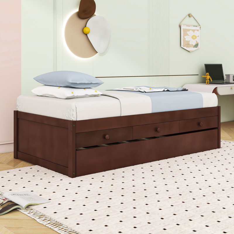Wood Platform Bed with Pull-Out Trundle and Storage Drawers, Twin, Espresso
