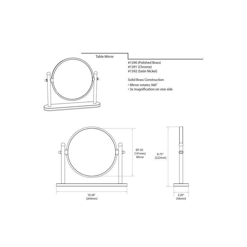 Miroir de table rond en laiton massif avec miroir grossissant 3 fois | Miroir cosmétique à double face de comptoir, pivotant sur 360 degrés
