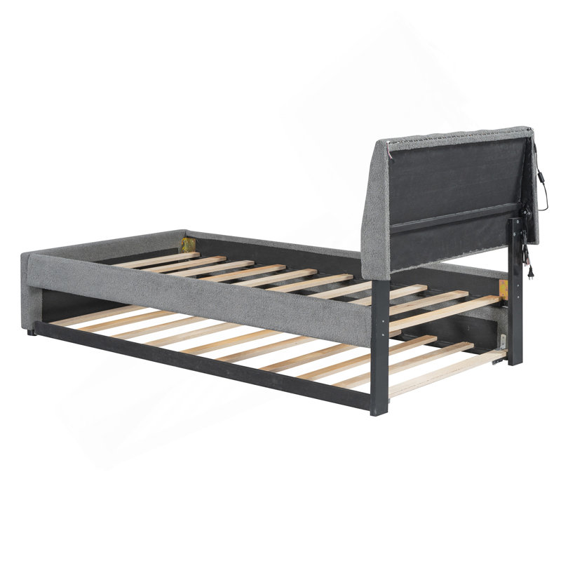 Lit plateforme tapissier simple avec lit gigogne Teddy, Gris