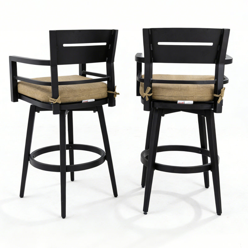 Tabourets de bar d'extérieur pivotants en aluminium avec coussins Sunbrella, Lin sésame