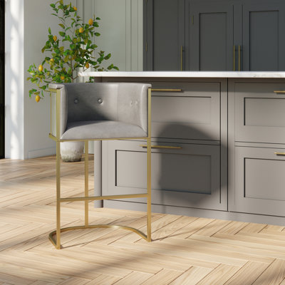Tabouret de bar 31 po - Similicuir gris avec base en métal à finition laiton, 1 pièce