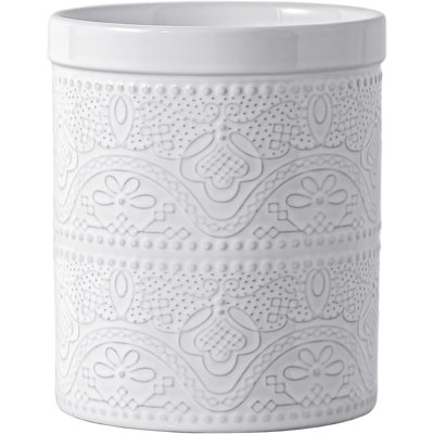 Kitchen Utensil Holder, 7.2" Super Large Utensil Crock Heavy And Stable Lace Emboss Ceramic Utensil Holder For Kitchen Counter (Bright White)